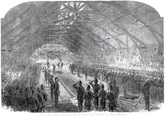 Engraving of opening of Drill Shed by Prince of Wales, November 10th, 1866